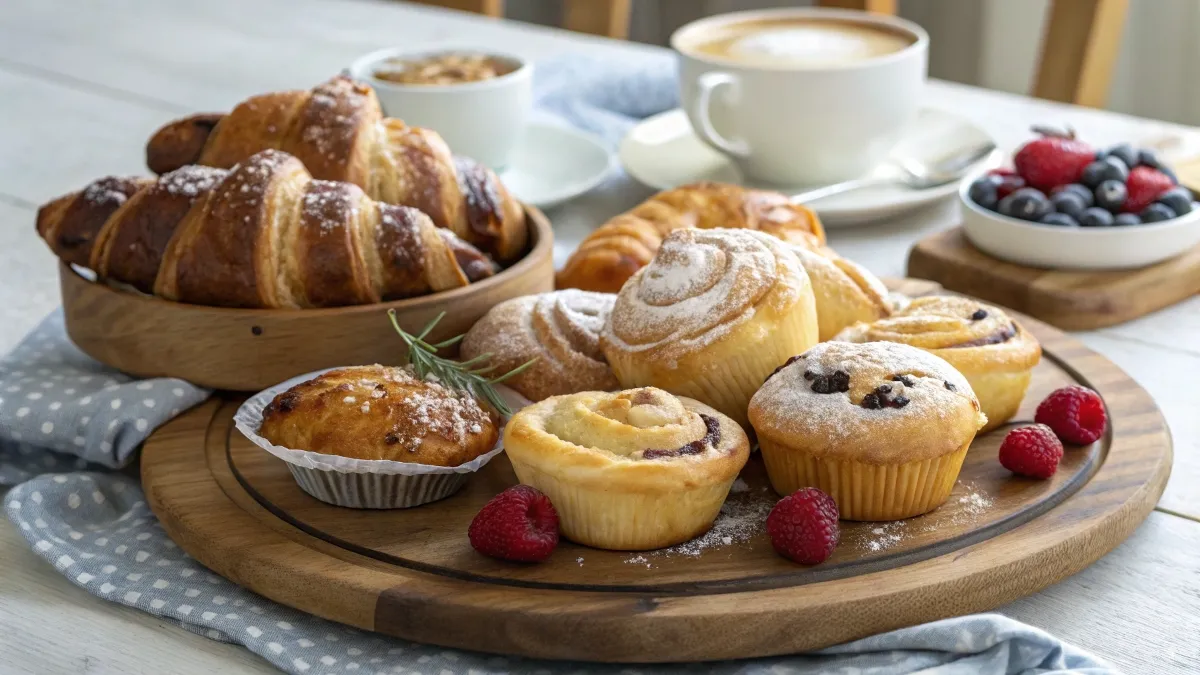 A wooden platter of freshly baked breakfast pastries, including croissants, muffins, and cinnamon rolls, served with fresh raspberries, blueberries, and coffee.