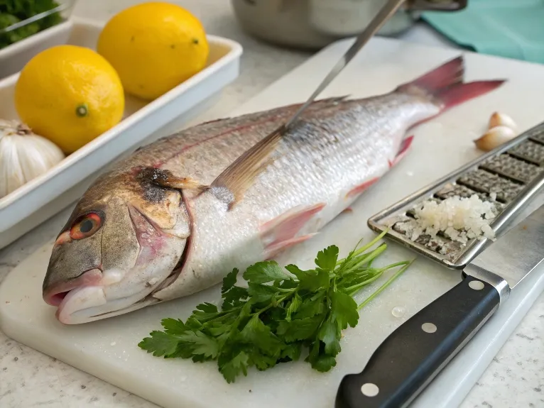 Fresh snapper being cleaned with a scaler, surrounded by lemon, parsley, and a sharp knife on a clean countertop. from https://www.recraft.ai/history?imageId=9753bc84-9cc6-43e3-8b36-e8fe39ba1d83.