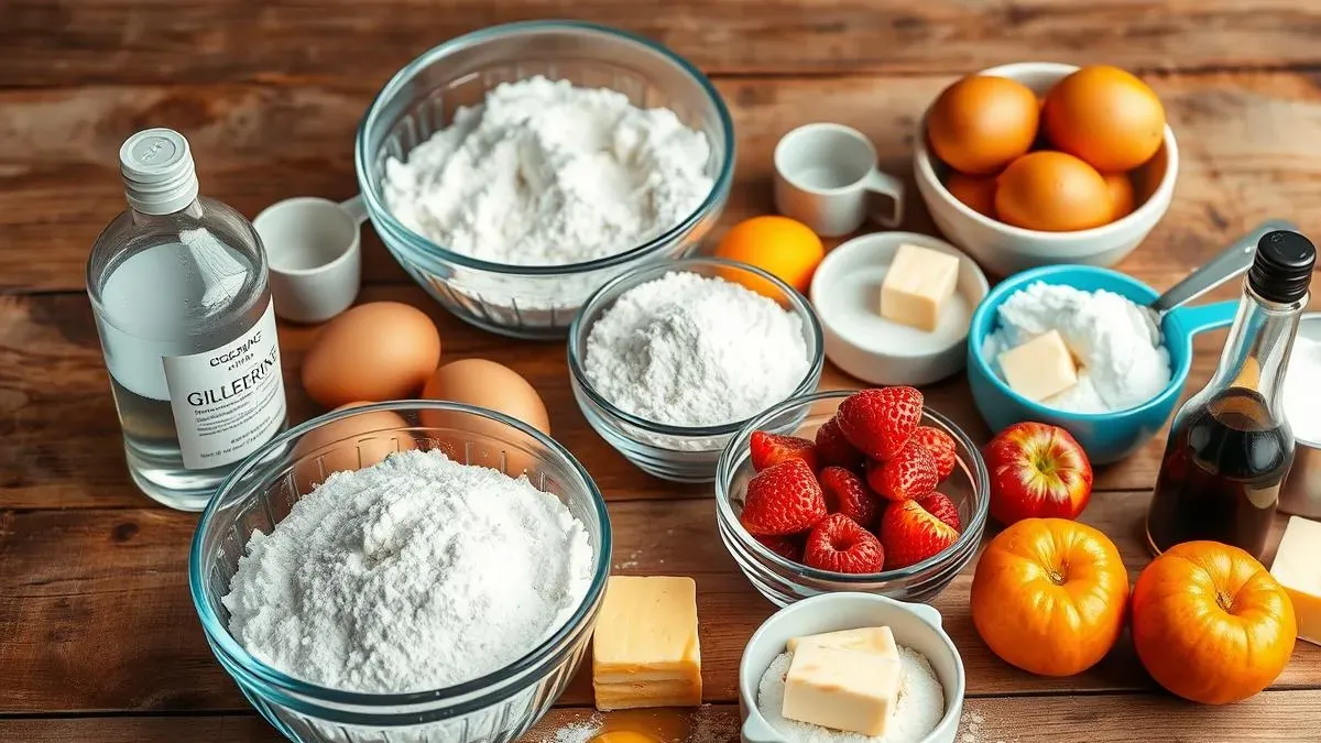 Sponge cake with cream frosting and a layer of fruit jam, surrounded by baking ingredients.