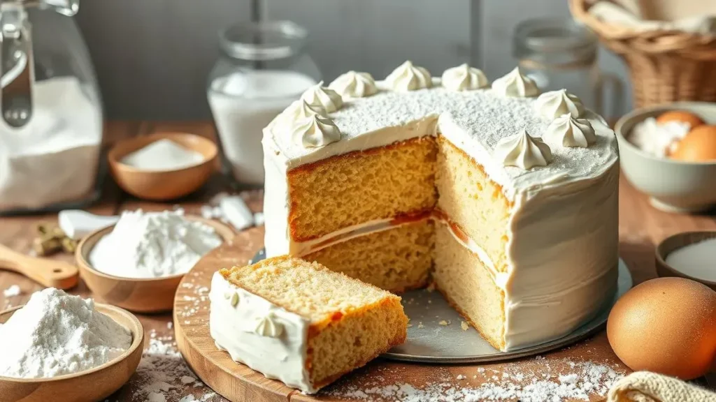 Variety of baking ingredients including eggs, flour, butter, and fruits on a wooden surface.