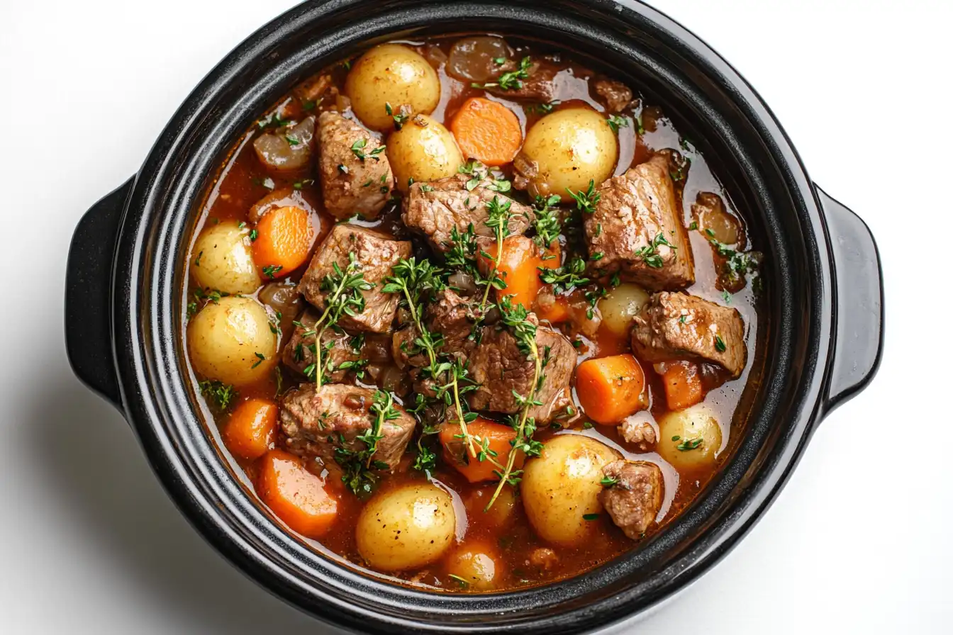 Hearty venison stew slow cooking in crockpot