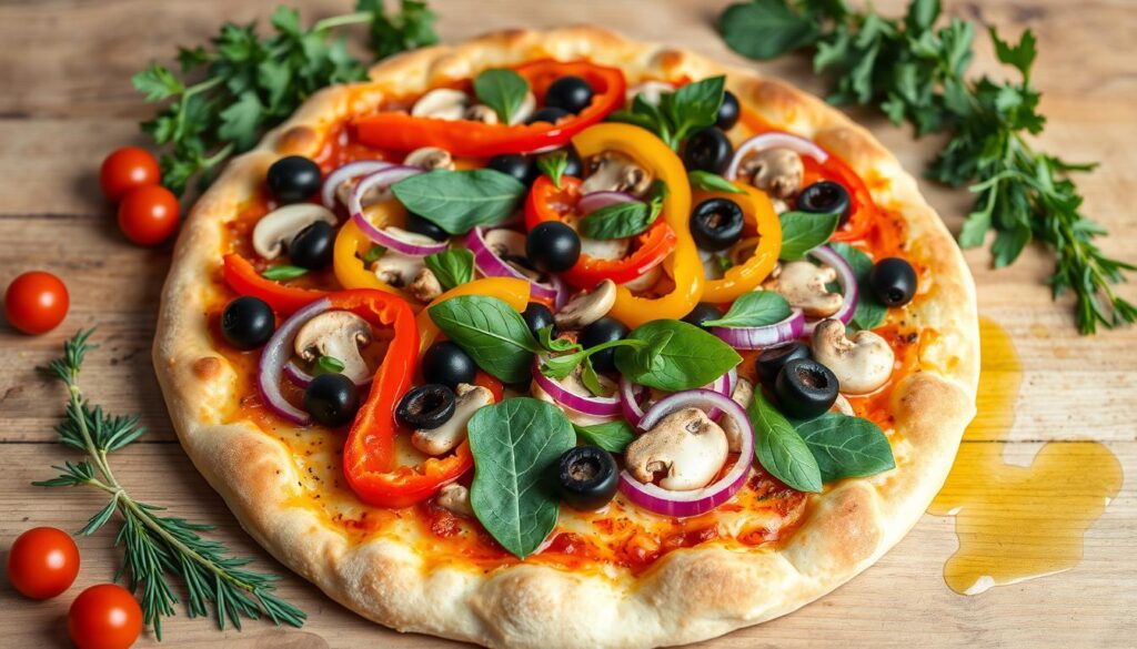 Delicious vegetarian pizza topped with bell peppers, onions, olives, mushrooms, and fresh basil on a wooden table.