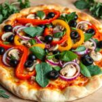 Delicious vegetarian pizza topped with bell peppers, onions, olives, mushrooms, and fresh basil on a wooden table.