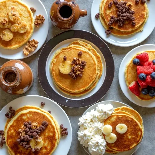 A variety of pancakes with different toppings, including chocolate chips, bananas, whipped cream, nuts, and syrup.