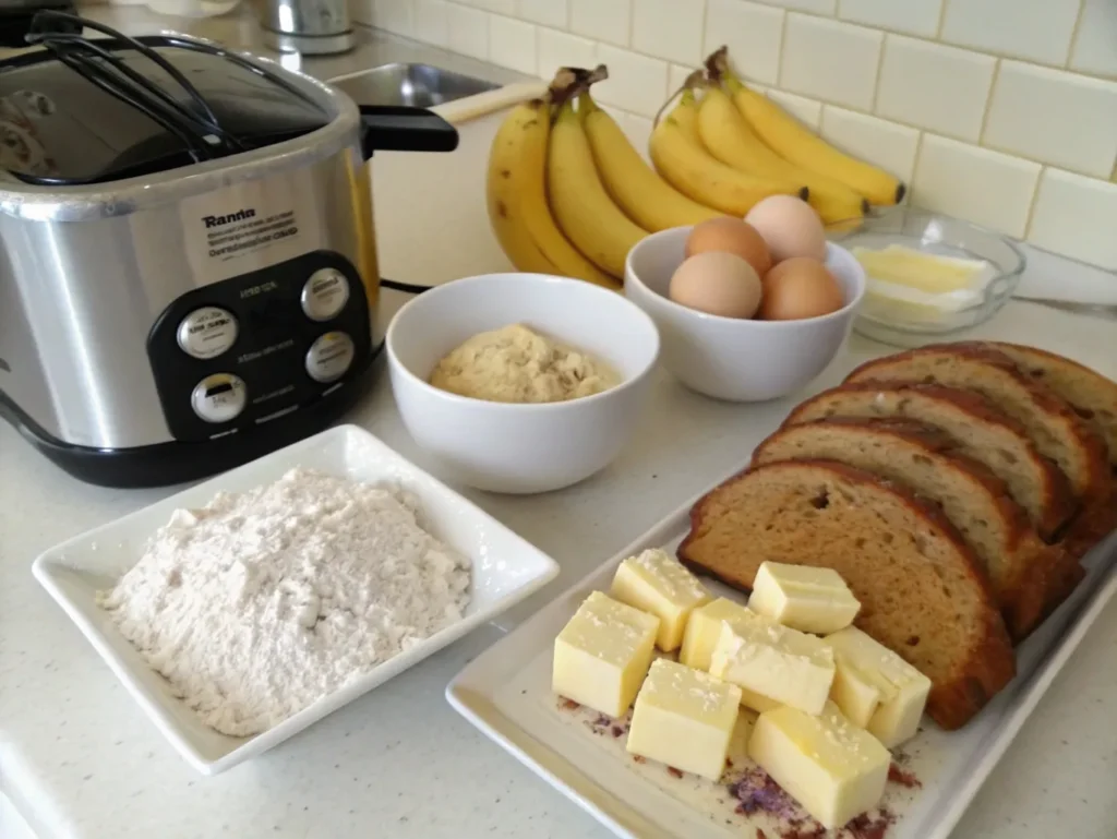 Ingredients for banana bread, including mashed bananas, flour, and butter, are prepared next to a bread machine.