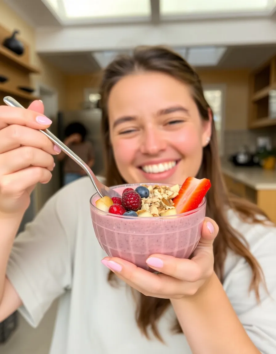 Person enjoying a colorful smoothie bowl filled with fresh fruits and crunchy toppings.