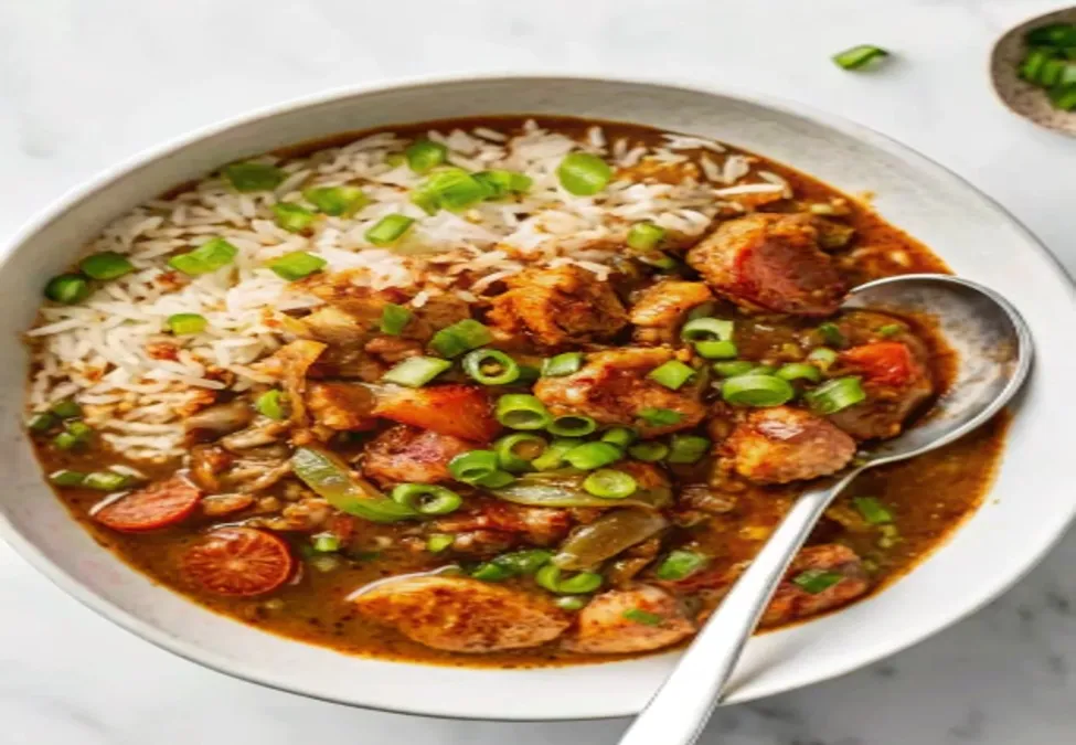 A pot of dark brown roux being stirred, the essential base for a flavorful Louisiana gumbo