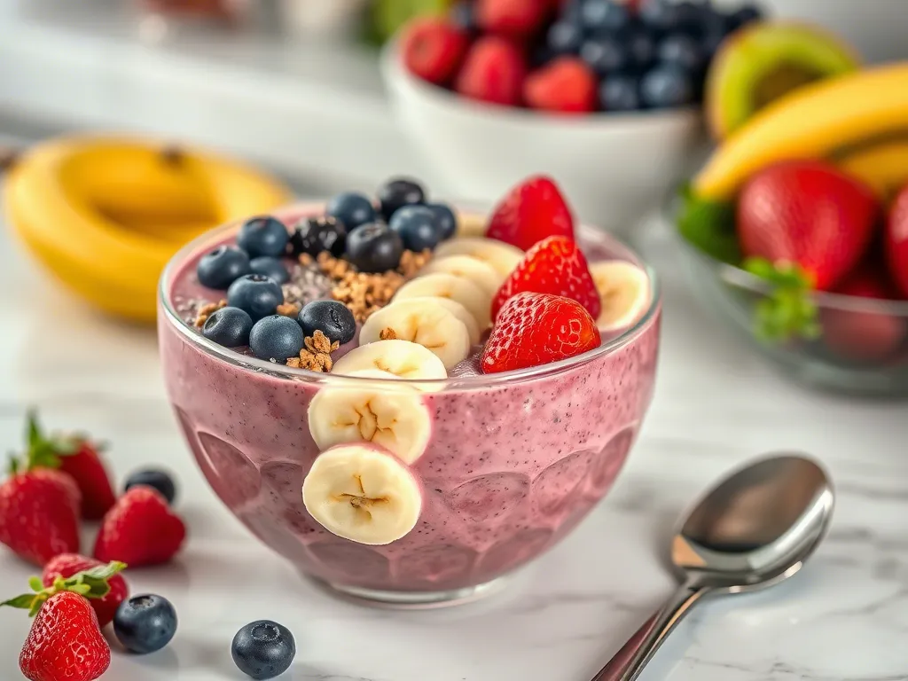 A high-protein smoothie bowl with bananas, berries, chia seeds, and granola on a marble countertop.