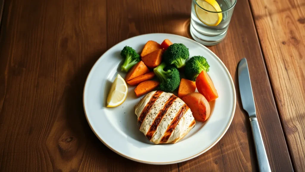 A high-protein dinner with grilled chicken, roasted sweet potatoes, and broccoli on a rustic wooden table.