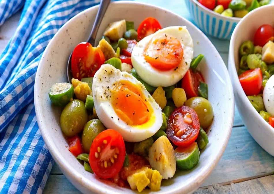 Hands mixing edamame, eggs, and vegetables in a glass bowl with fresh ingredients around.