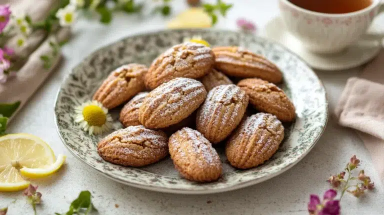 Freshly baked Madeleine cookies on a porcelain plate with tea and lemon slices.