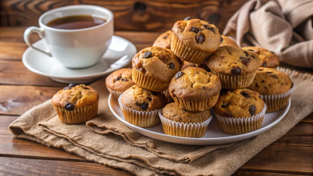 Freshly baked GAPS raisin muffins stacked on a wooden table with raisins and a cup of tea