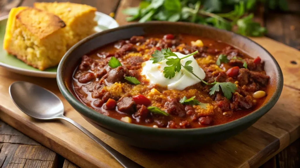 A steaming bowl of homemade chili topped with cheese and fresh herbs, served with cornbread on a rustic table.