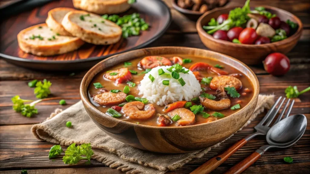 A steaming bowl of authentic Louisiana gumbo with chicken, sausage, and shrimp, served with rice and fresh herbs