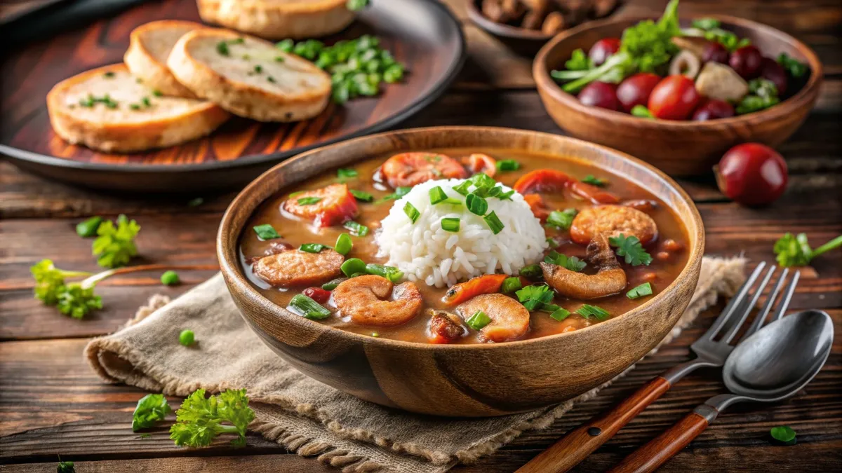 A steaming bowl of authentic Louisiana gumbo with chicken, sausage, and shrimp, served with rice and fresh herbs