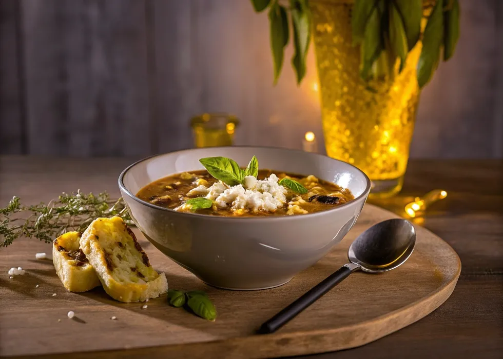 A bowl of lasagna soup served with garlic bread, topped with basil, ricotta, and Parmesan,