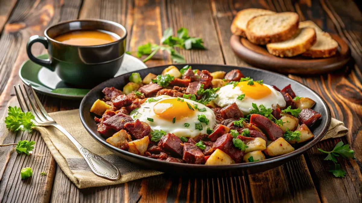 Crispy corned beef hash with eggs and potatoes served on a wooden table with a cup of coffee.