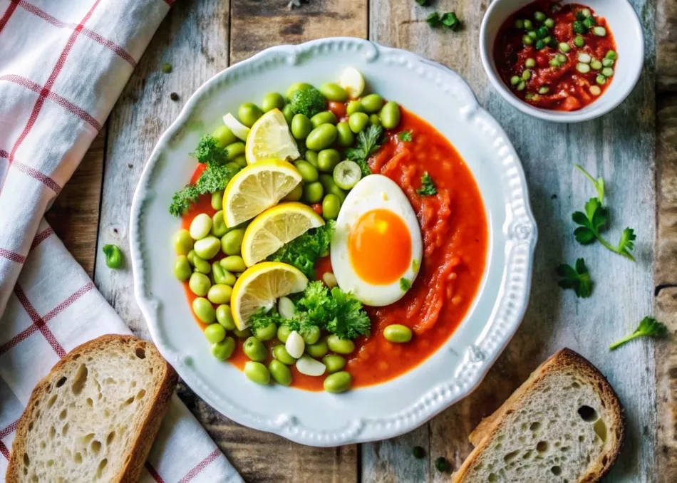 Edamame egg salad served with crusty bread and tomato soup on a rustic table.