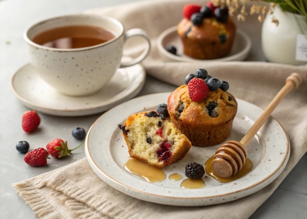 A GAPS raisin muffin cut in half, drizzled with honey, and served with fresh berries and tea.