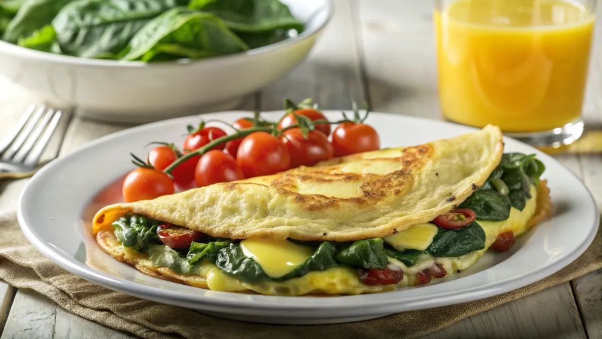 Delicious Popeye omelette with spinach, cheese, and tomatoes, served with toast and orange juice in a cozy breakfast setting.