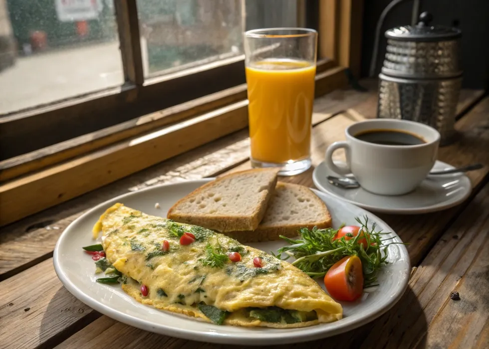 Popeye omelet served with fresh coffee and orange juice, creating the perfect breakfast pairing