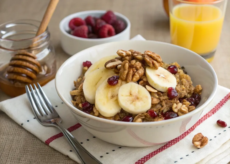 A bowl of apple-cranberry baked oats topped with banana slices, walnuts, and honey.