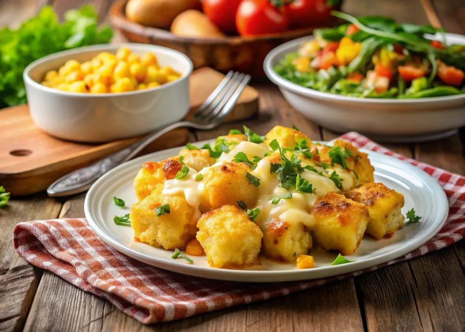 Tater Tot Casserole served with creamy corn casserole and a fresh green salad on a white plate.