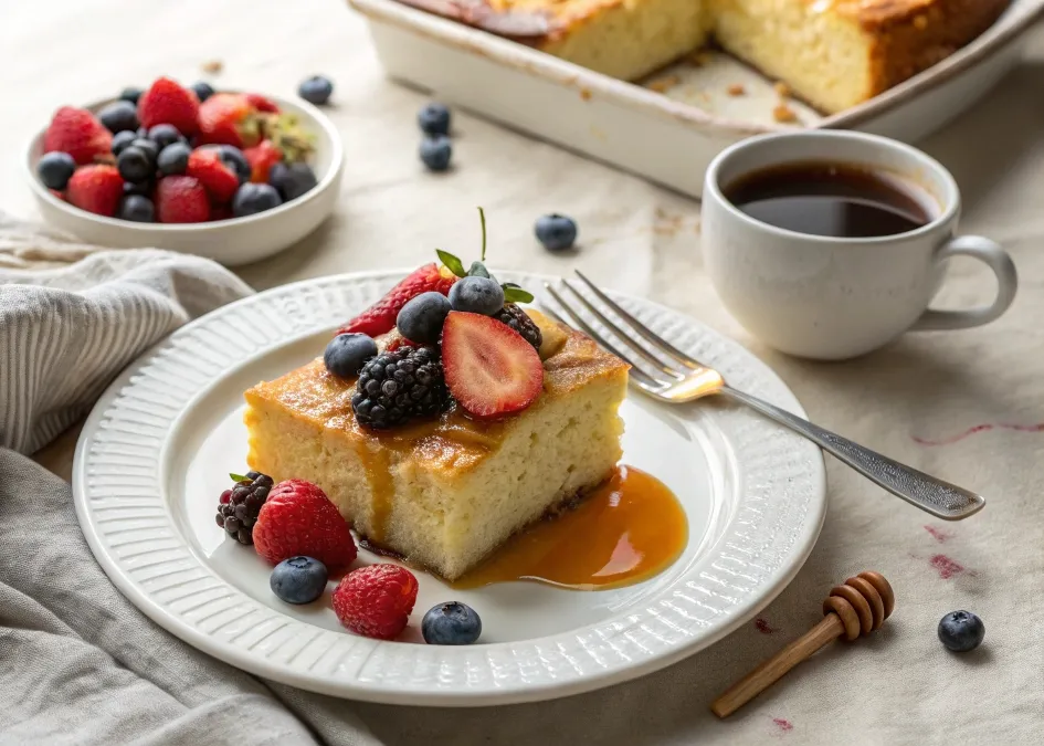  A slice of kefir sheet cake topped with fresh berries and honey, served with a cup of coffee.