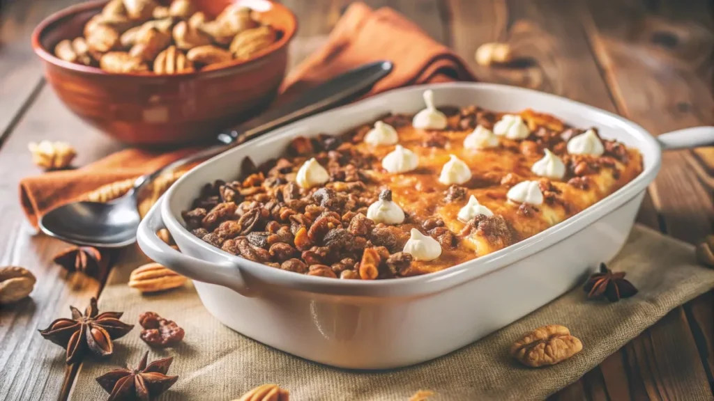 Freshly baked sweet potato casserole in a white ceramic dish with a golden-brown pecan and marshmallow topping.