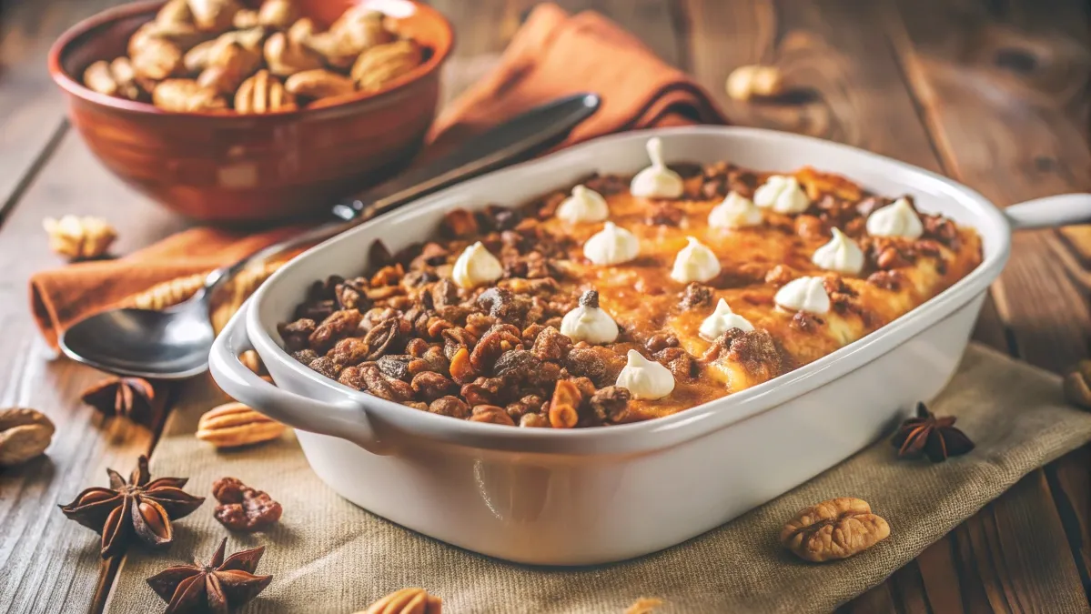 Freshly baked sweet potato casserole in a white ceramic dish with a golden-brown pecan and marshmallow topping.