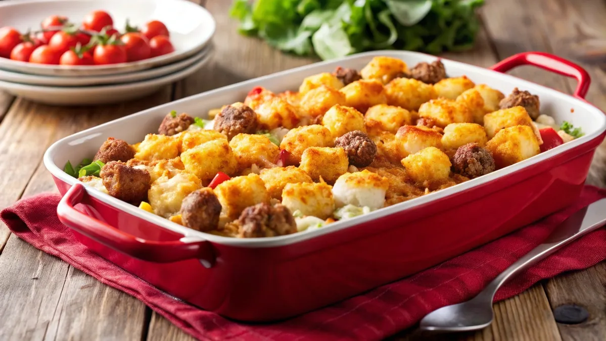 Freshly baked Tater Tot Casserole in a white dish with a golden, crispy top and melted cheese.