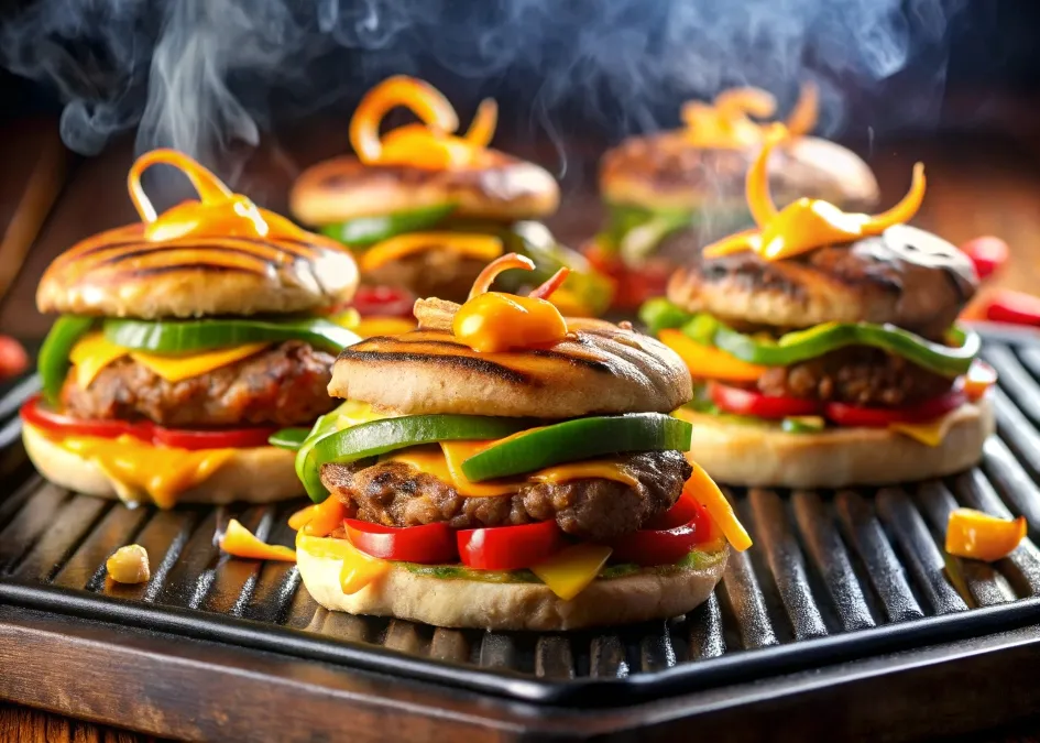 Juicy smash burgers with melted cheese and sizzling chicken fajitas with peppers on a Blackstone griddle