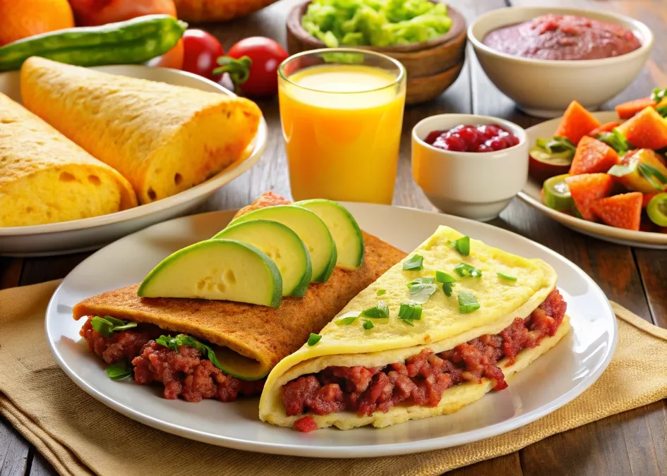 A breakfast spread featuring a corned beef omelet, a breakfast burrito, and crispy toast with avocado.