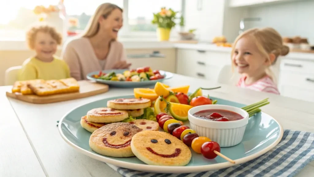 Fun and colorful meals for picky eaters, including smiley face pancakes and veggie skewers, in a bright kitchen.