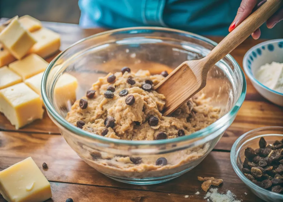 Hands mixing chocolate chip cookie dough in a bowl, with chocolate chips and sugar visible.