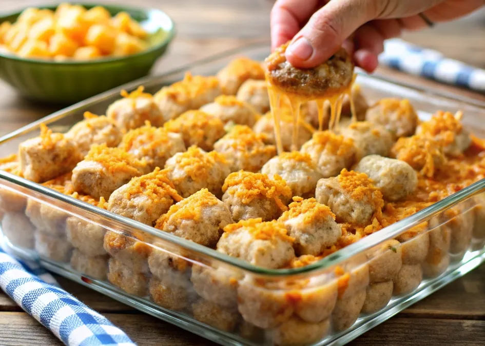 Layering ground beef, cheese, and tater tots in a baking dish to prepare Tater Tot Casserole.