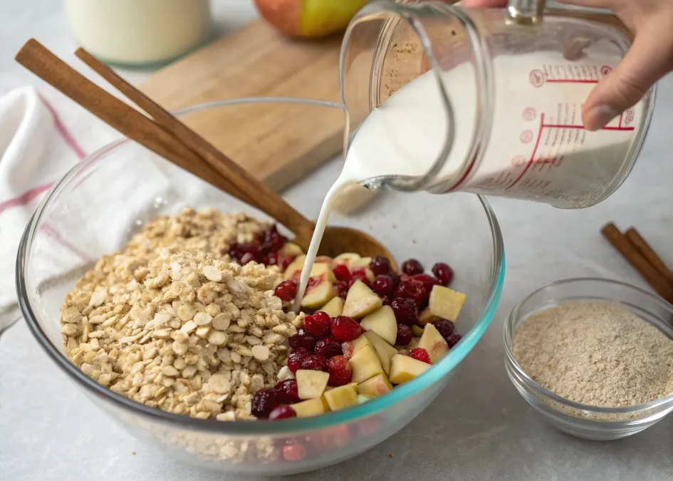 Mixing oats, apples, and cranberries in a bowl while pouring milk for baked oats preparation.