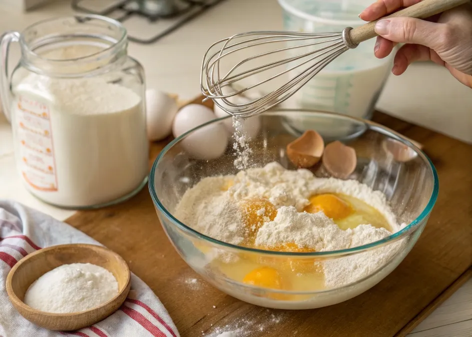  Mixing eggs, sugar, and kefir in a bowl while pouring in flour for kefir sheet cake preparation.