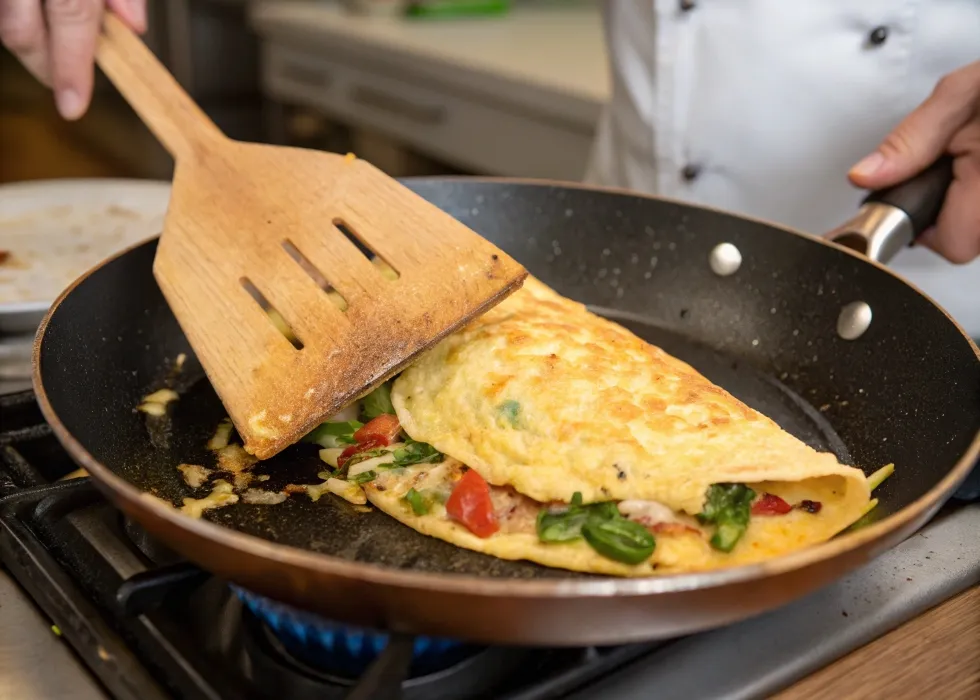 Golden omelette cooking in a non-stick pan, folded with cheese and fresh vegetables, as a chef carefully prepares it.