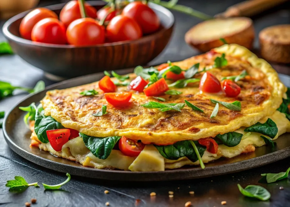 A fluffy omelet filled with cheese and spinach, cooking on a Blackstone griddle with crispy hash browns.