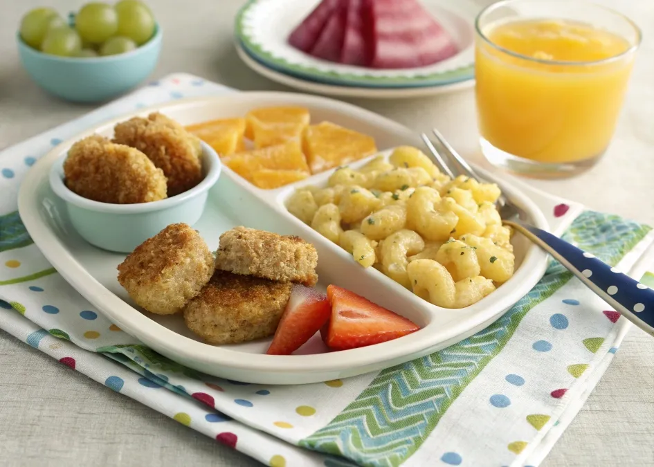 A kid-friendly plate with macaroni and cheese, hidden veggies, chicken nuggets, and fresh fruit slices.