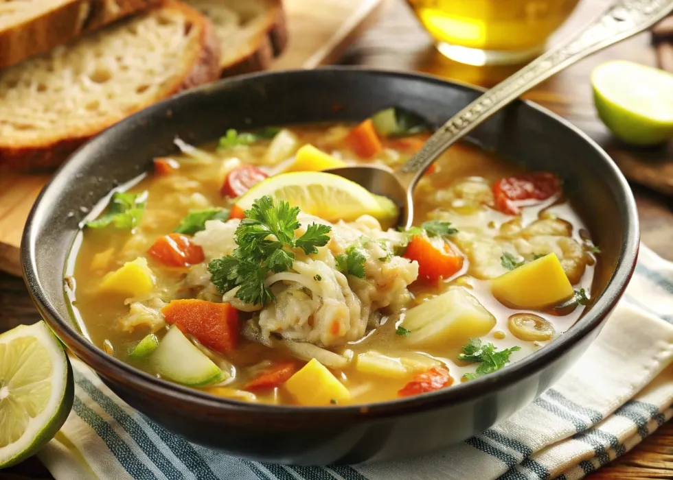 A spoonful of cabbage soup with hearty vegetables and a rich broth, served with bread on the side.