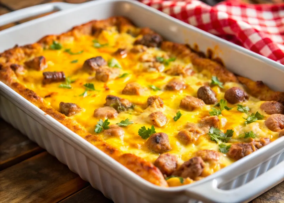 Ground sausage breakfast casserole with melted cheese and golden crust.