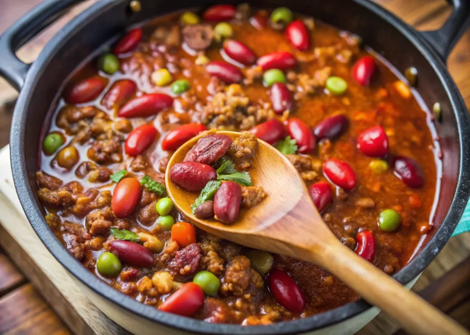  A pot of chili simmering on the stove, with a wooden spoon stirring the rich, flavorful sauce.