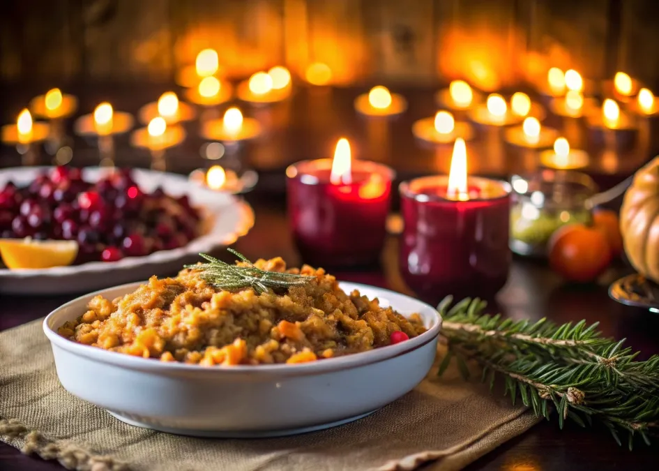 A plate of sweet potato casserole served alongside roasted turkey, stuffing, and cranberry sauce on a holiday table.