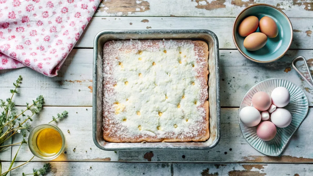 Golden-baked kefir sheet cake in a pan, sliced to reveal a soft and fluffy interior