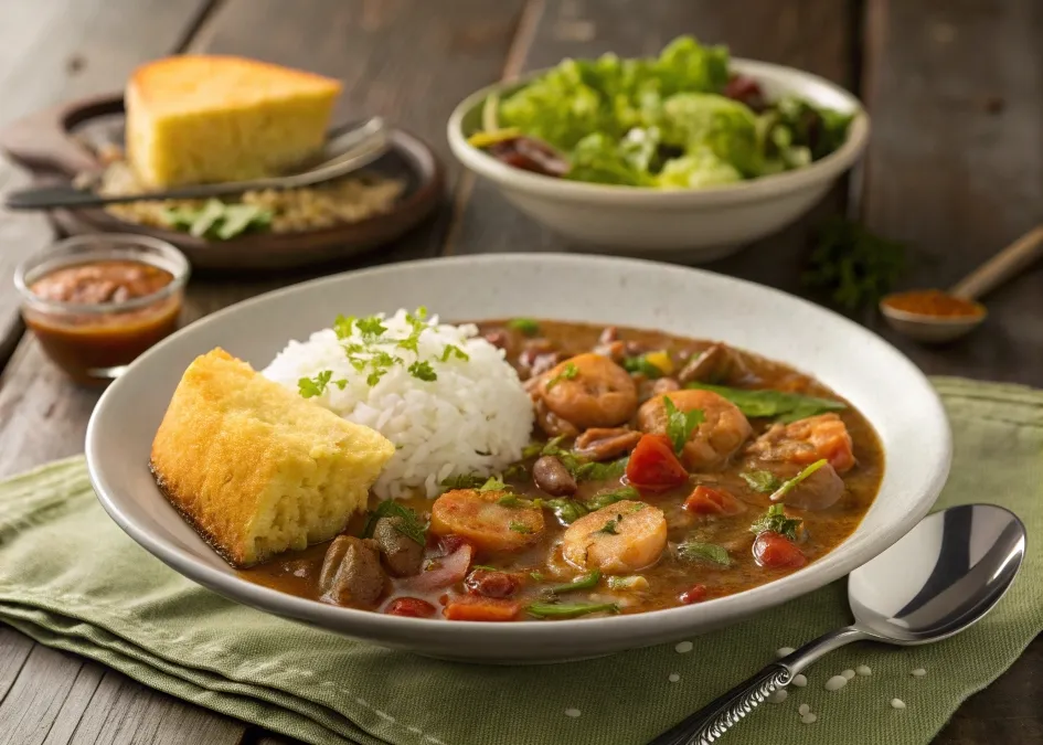 A hearty bowl of gumbo served with cornbread, rice, and a fresh green salad on a rustic wooden table.