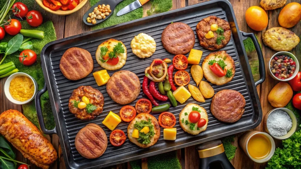 A sizzling Blackstone griddle loaded with breakfast, lunch, and dinner recipes, including pancakes, burgers, bacon, and vegetables