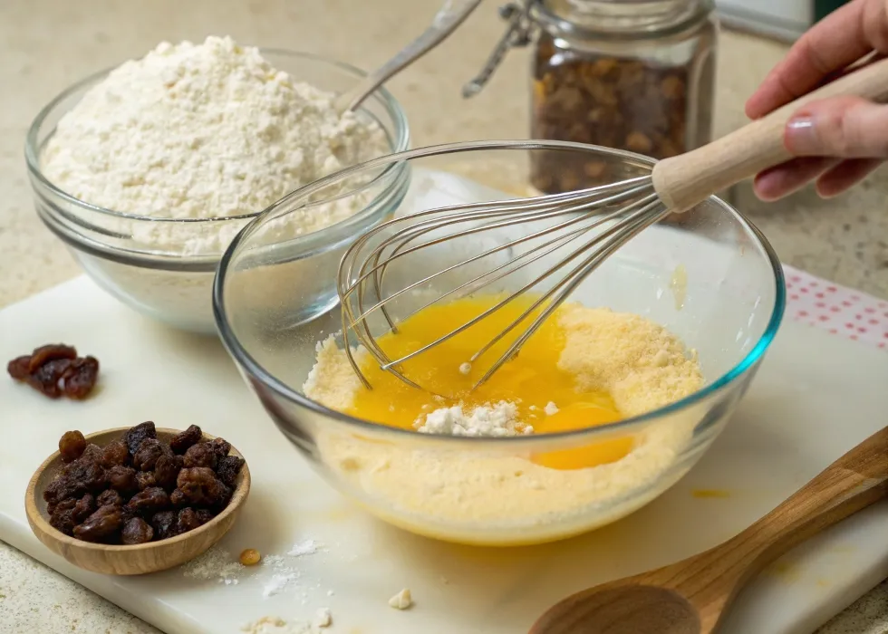 Mixing almond flour, eggs, and honey in a bowl while preparing GAPS raisin muffin batter.
