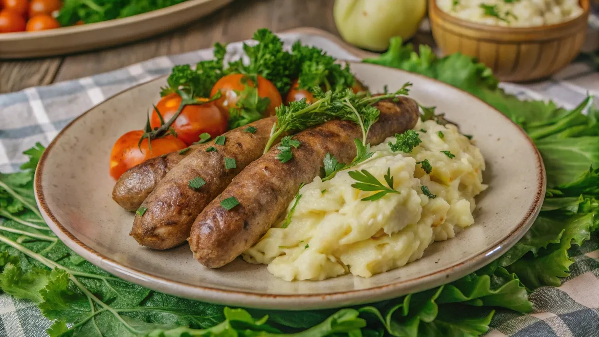 Delicious ground sausage dish on a plate with fresh herbs and sides.